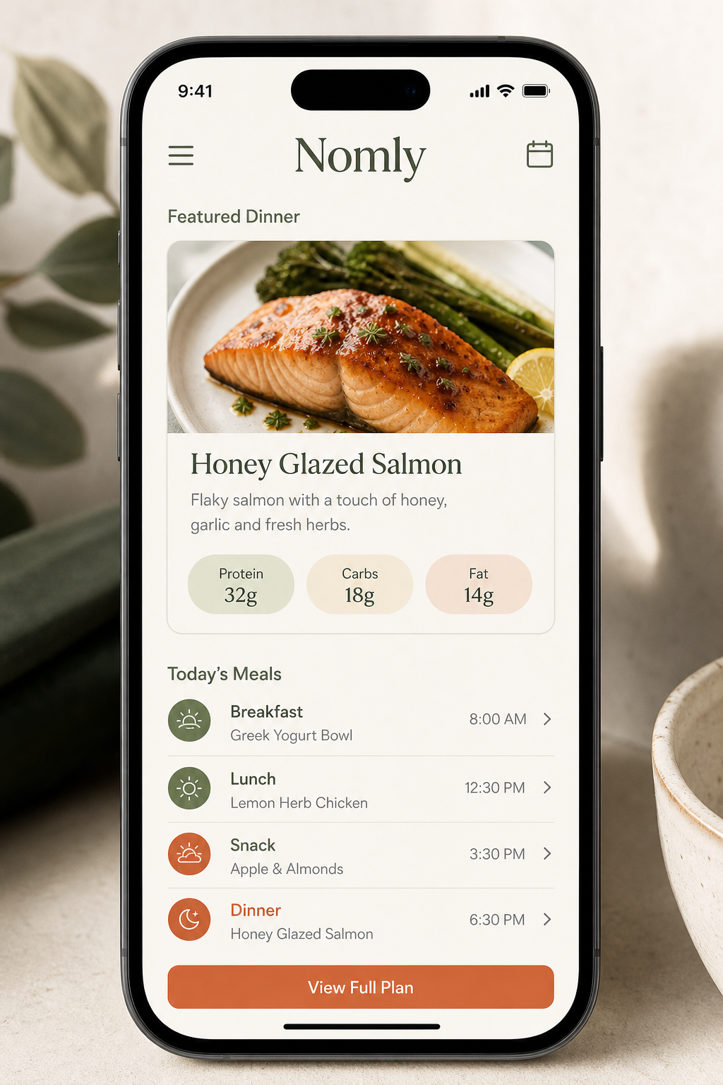Nomly mobile app showing a featured dinner card with macros and today's meal schedule